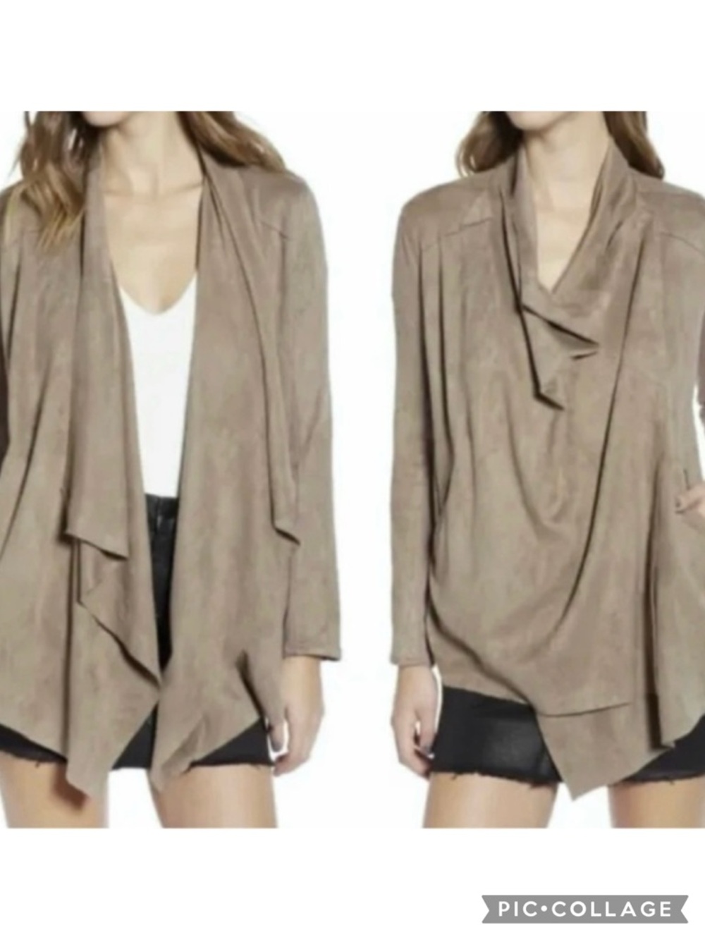 BlankNYC Taupe Tan Faux Suede Draped Asymmetrical Open Front Jacket S